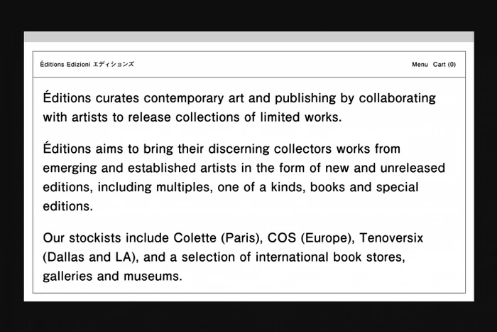 Website user interface mockup with black typography on a clean white background featuring brand text for Editions.