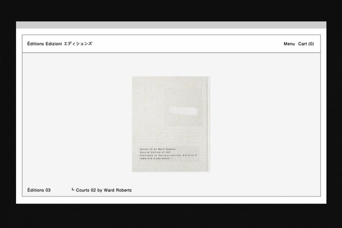 Minimalist website layout for Éditions showing a centered book cover against a clean white background