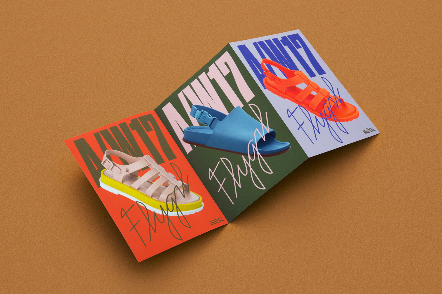 An open multi-panel brochure for Melissa featuring colorful sandals displayed on distinct background sections with bold typography