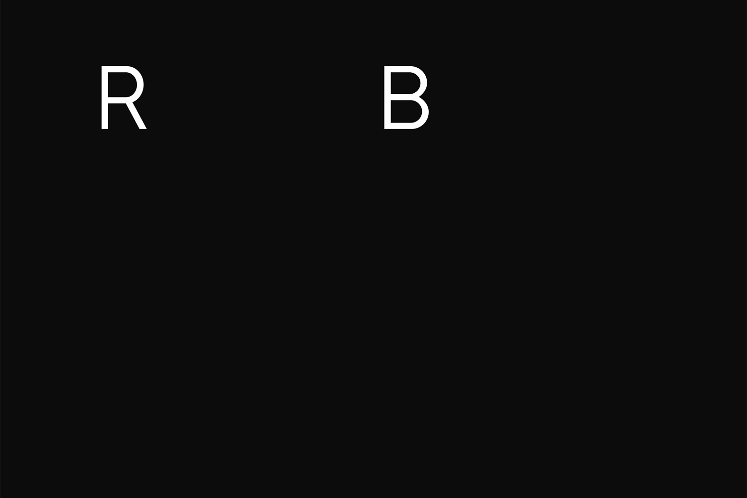 Minimalist graphic design featuring white capital letters R and B on a solid black background for Ricci Bloch Architects