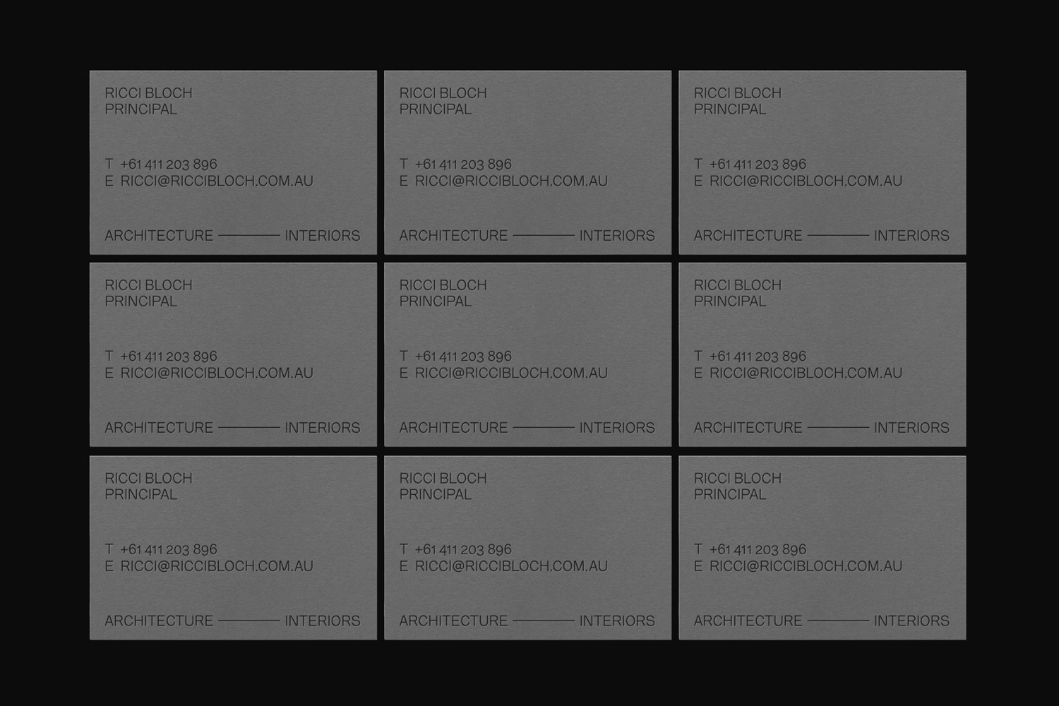Nine grey business cards laid out in a grid featuring minimalist typography for Ricci Bloch Architects