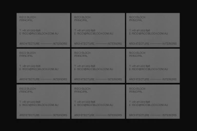 Nine grey business cards laid out in a grid featuring minimalist typography for Ricci Bloch Architects