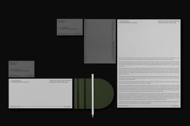 Minimalist corporate stationery branding layout featuring business cards, envelopes, letterhead, and a white pencil against a black background
