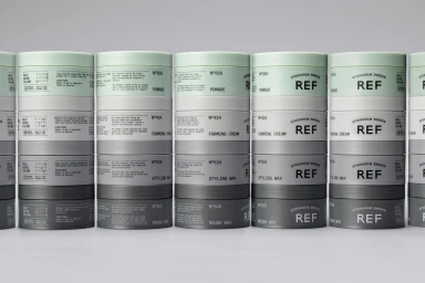 Stacks of REF hair styling product containers in varying heights and muted shades against a grey background.