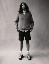 Model with long curly hair wearing a grey V-neck sweater, shorts, and sneakers against a textured neutral background