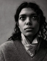 Portrait of a model with dark curly hair wearing a textured v-neck sweater, collared shirt, and knotted tie against a neutral background