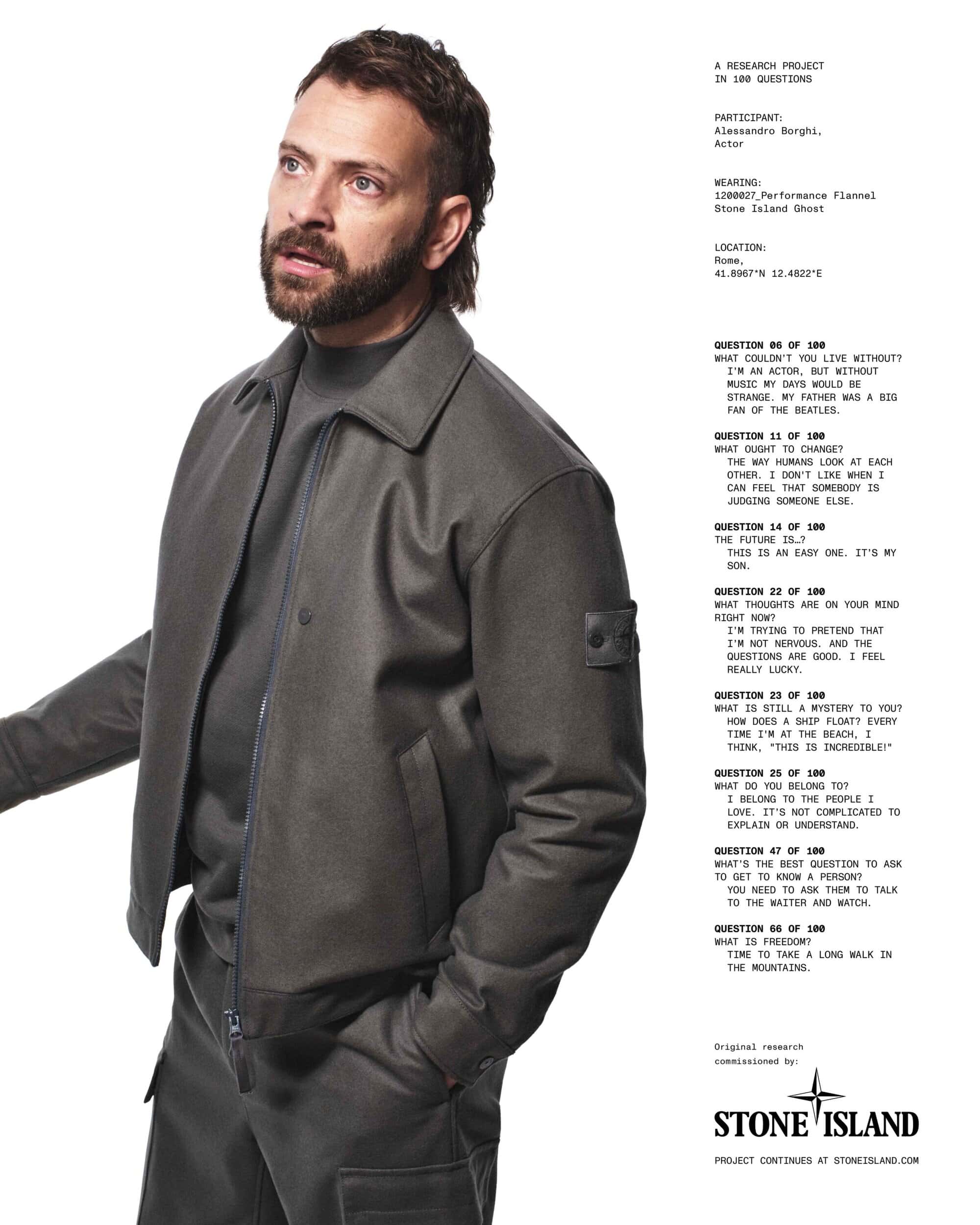 Alessandro Borghi wearing a grey Stone Island jacket against a white background for Fall 2025 campaign