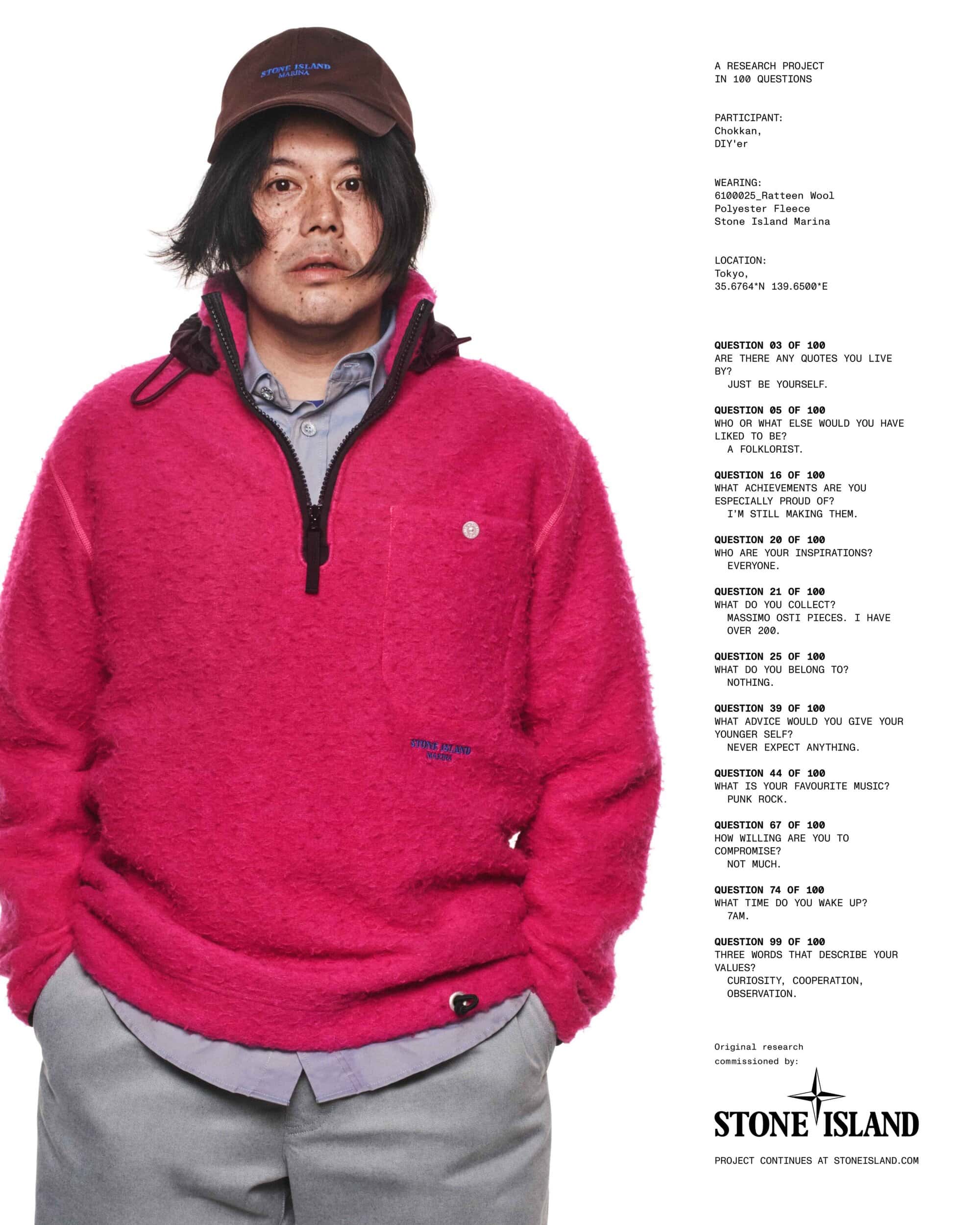 Man wearing a vibrant pink fleece jacket, grey trousers, and a brown cap against a white backdrop with text on the right