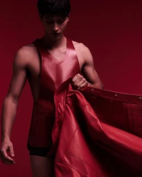 A young man wearing a red leather top holding a matching red jacket against a solid dark red background