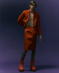 Young man posing in an orange suit jacket, matching skirt, and boots against a dark purple background.