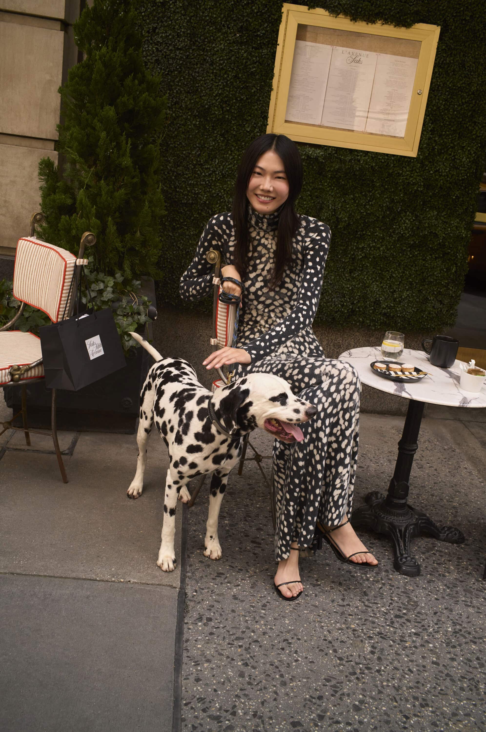 Woman in printed turtleneck dress seated at an outdoor cafe table with a Dalmatian dog for Saks Fifth Avenue Fall 2025 campaign