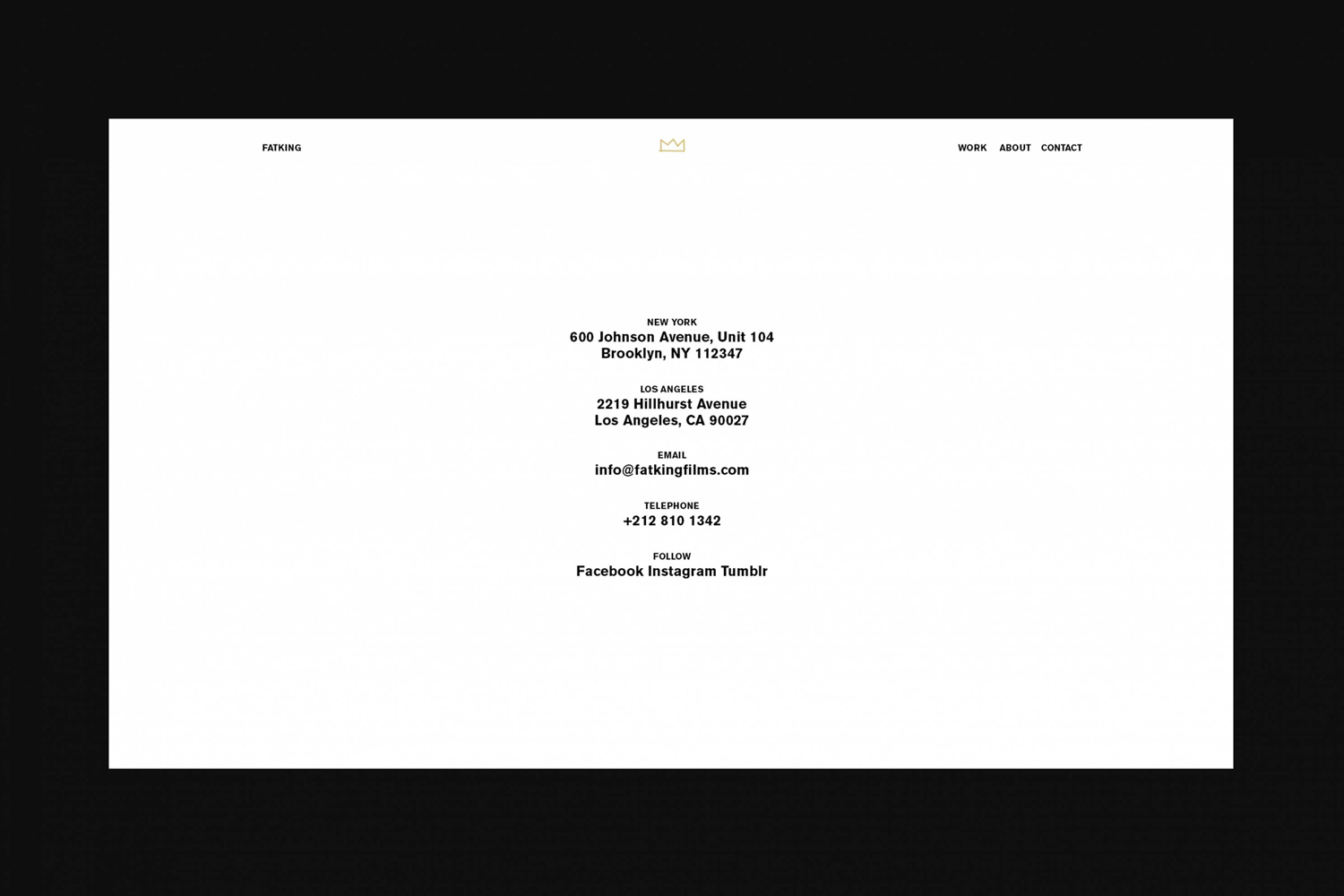 Website contact page layout featuring centered black typography on a white background with a thin black border framing the composition.