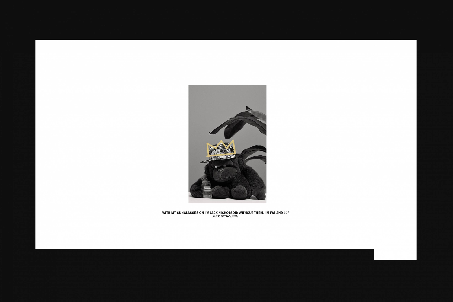 Black and white image of a plush gorilla wearing a patterned cap with a crown graphic, accompanied by quote text.