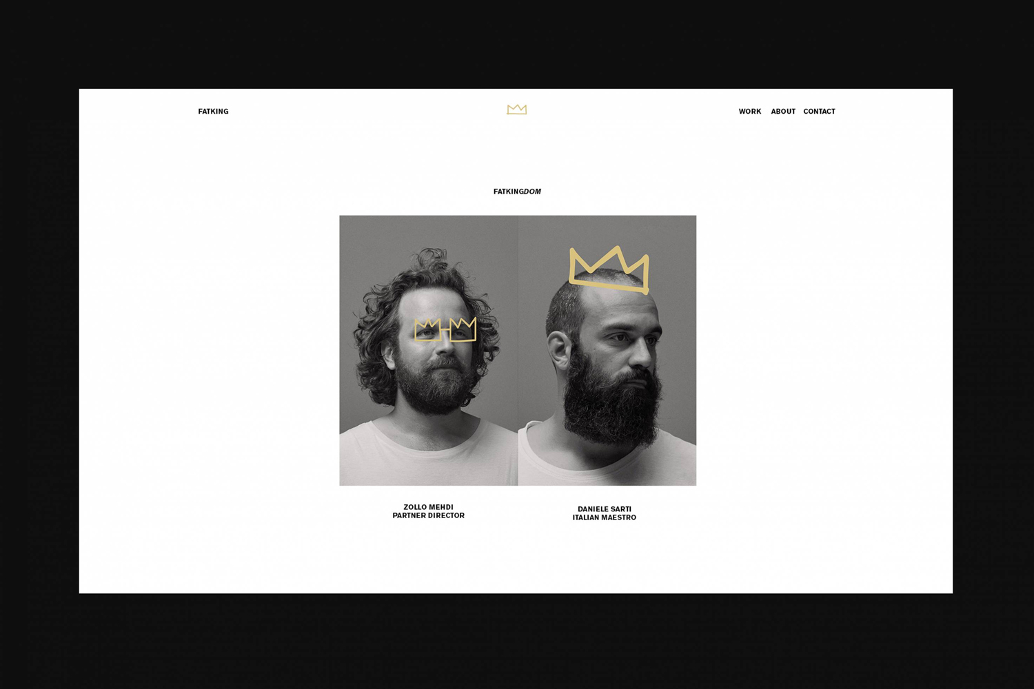 Website interface screenshot for Fatking brand identity showing two bearded men in portraits with drawn gold crown icons