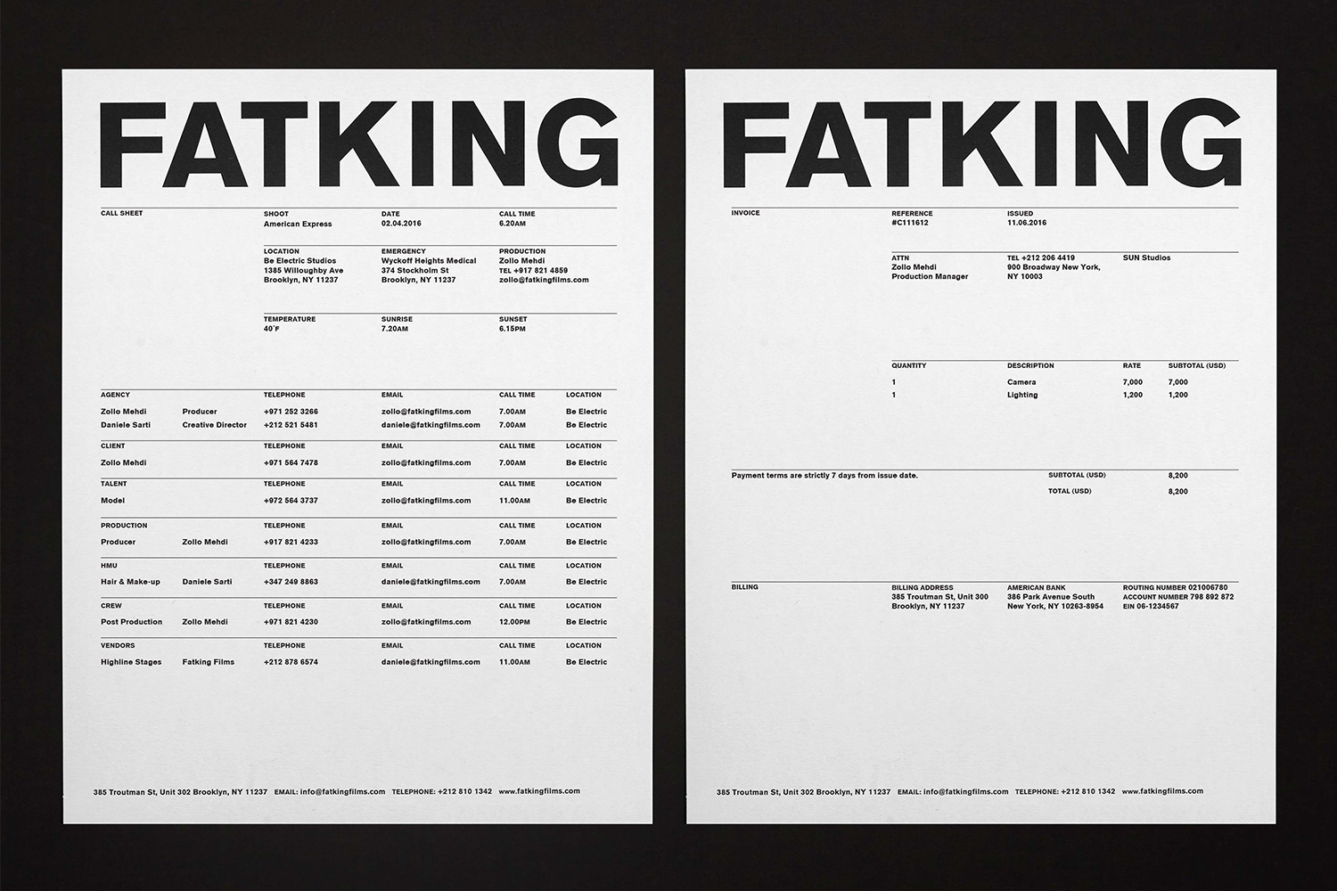 Minimalist black and white brand identity design featuring Fatking typography on paper documents