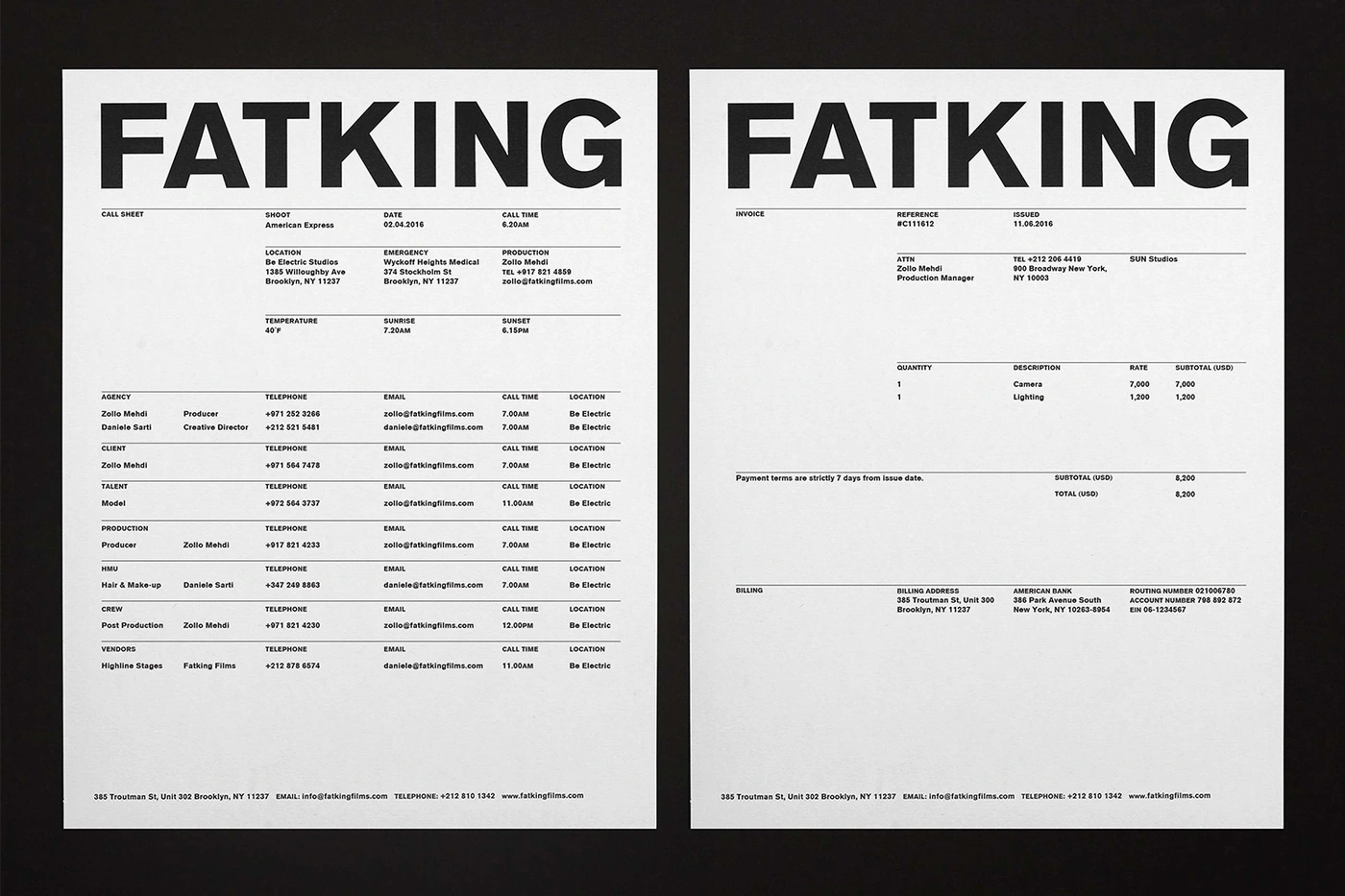 Minimalist black and white brand identity design featuring Fatking typography on paper documents