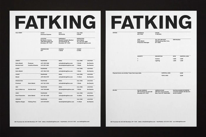 Minimalist black and white brand identity design featuring Fatking typography on paper documents