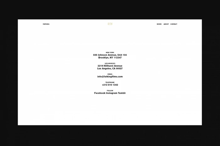 Website contact page layout featuring centered black typography on a white background with a thin black border framing the composition.