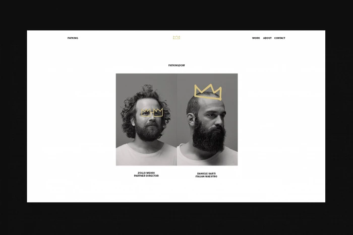 Website interface screenshot for Fatking brand identity showing two bearded men in portraits with drawn gold crown icons