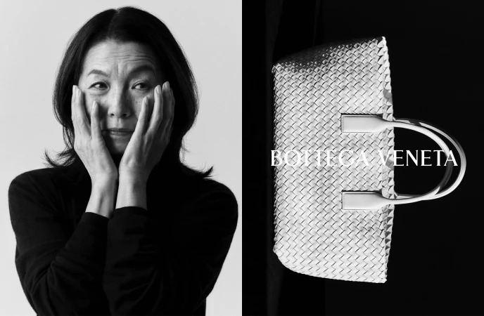 Black and white portrait of a woman with hands on cheeks beside a woven leather handbag with Bottega Veneta text.