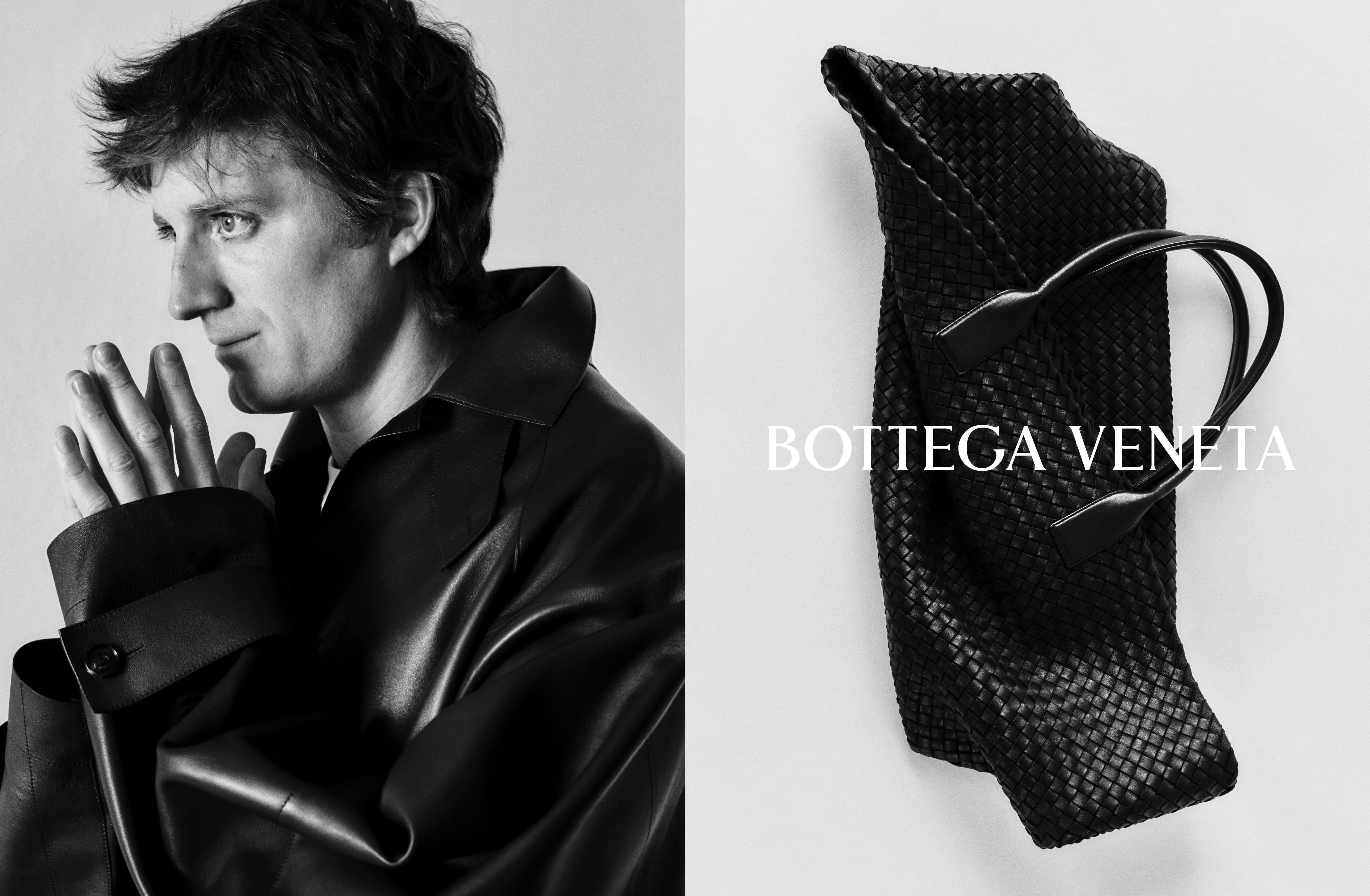 Black and white portrait of a man in a dark leather jacket paired with a black woven leather tote bag for Bottega Veneta