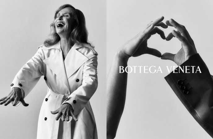 Black and white image featuring a laughing woman in a trench coat and hands forming a heart shape with Bottega Veneta text.