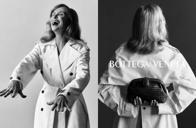 Black and white split frame showing a woman laughing in a belted trench coat and holding a woven leather handbag behind her back