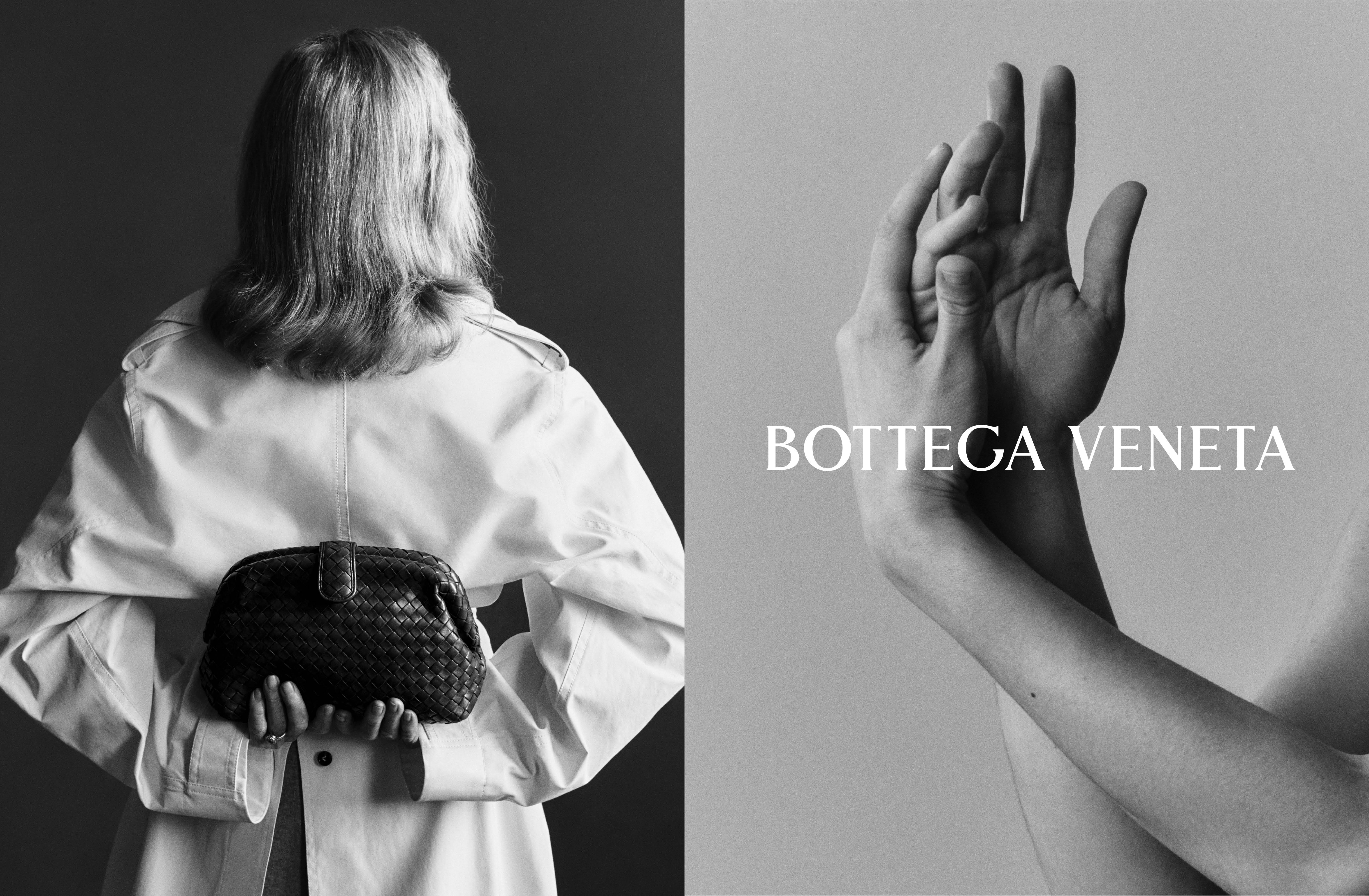 Black and white split frame featuring a person in a trench coat holding a dark leather clutch and intertwined hands with Bottega Veneta text.