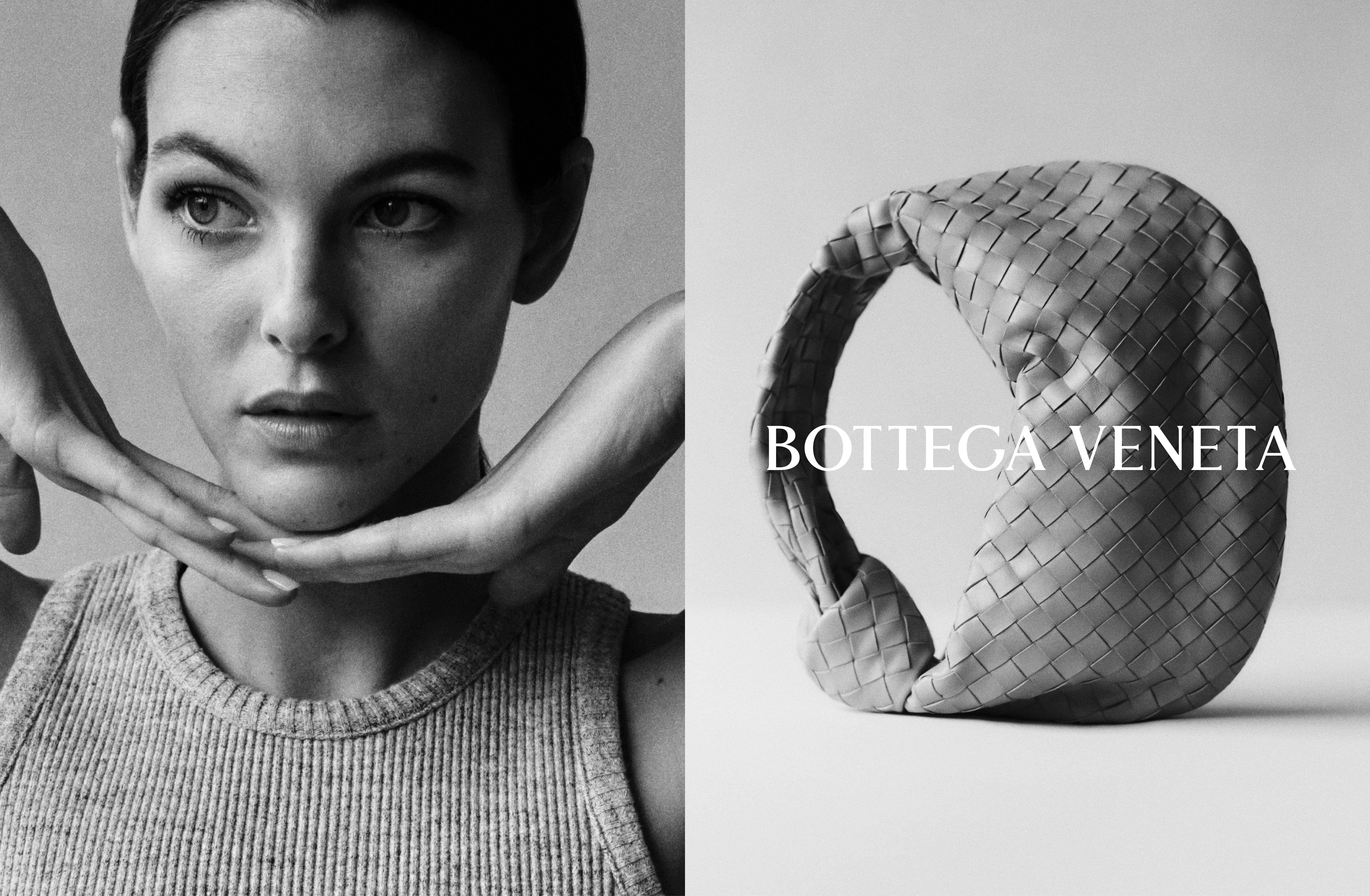 Monochrome diptych showing a model resting her chin on her hands and a woven leather handbag with Bottega Veneta text.