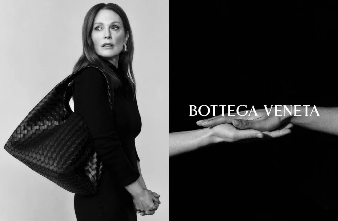 Julianne Moore wearing a black outfit and carrying a dark woven leather handbag for Bottega Veneta