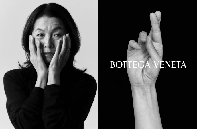 Black and white split frame image showing a woman holding her face on the left and crossed fingers with Bottega Veneta text on the right.