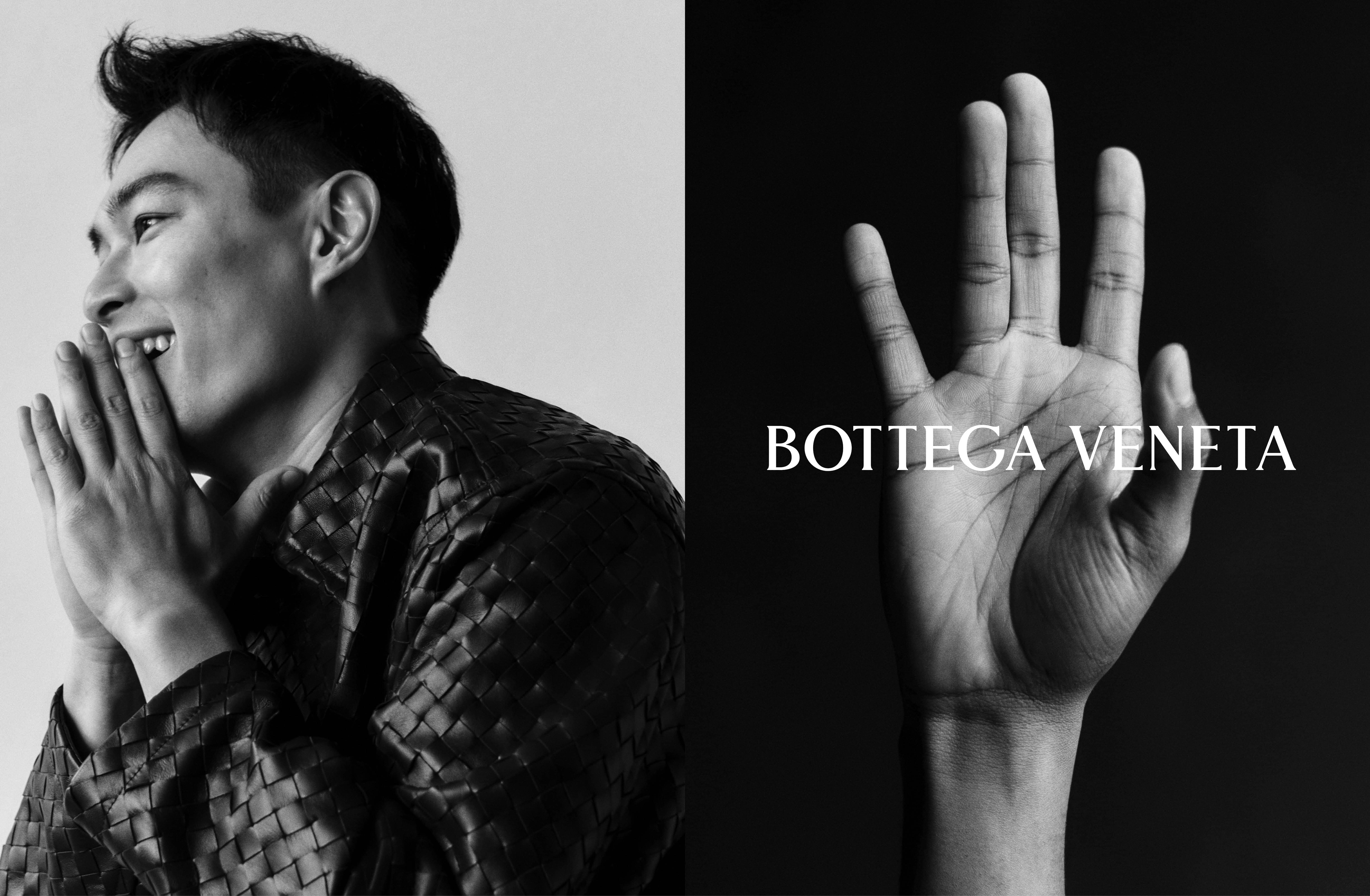 Black and white editorial diptych showing a smiling man in a woven leather jacket and an open hand with Bottega Veneta text
