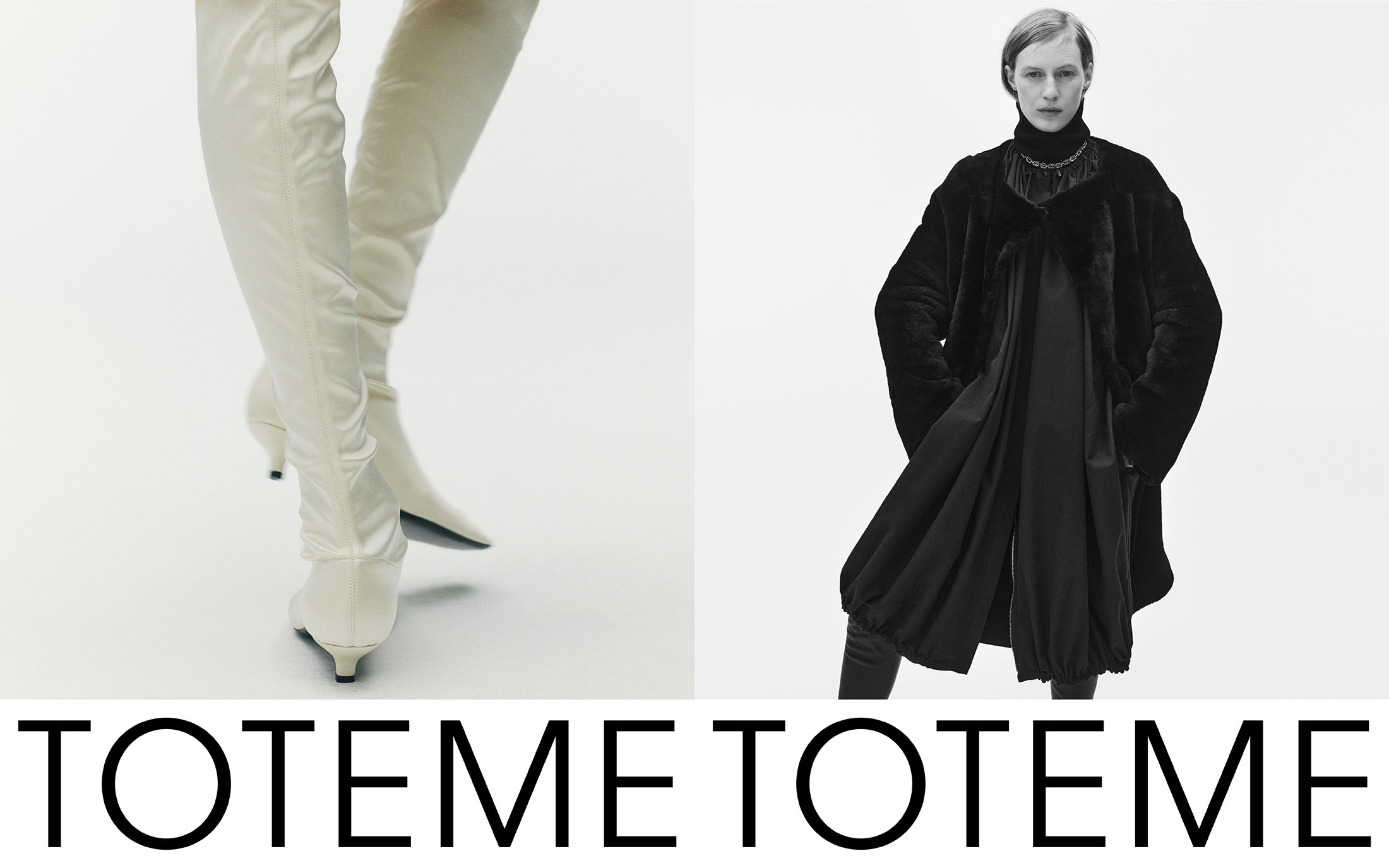 Model wearing a black coat and boots alongside a detail shot of white knee-high boots for the Toteme Fall 2025 campaign.