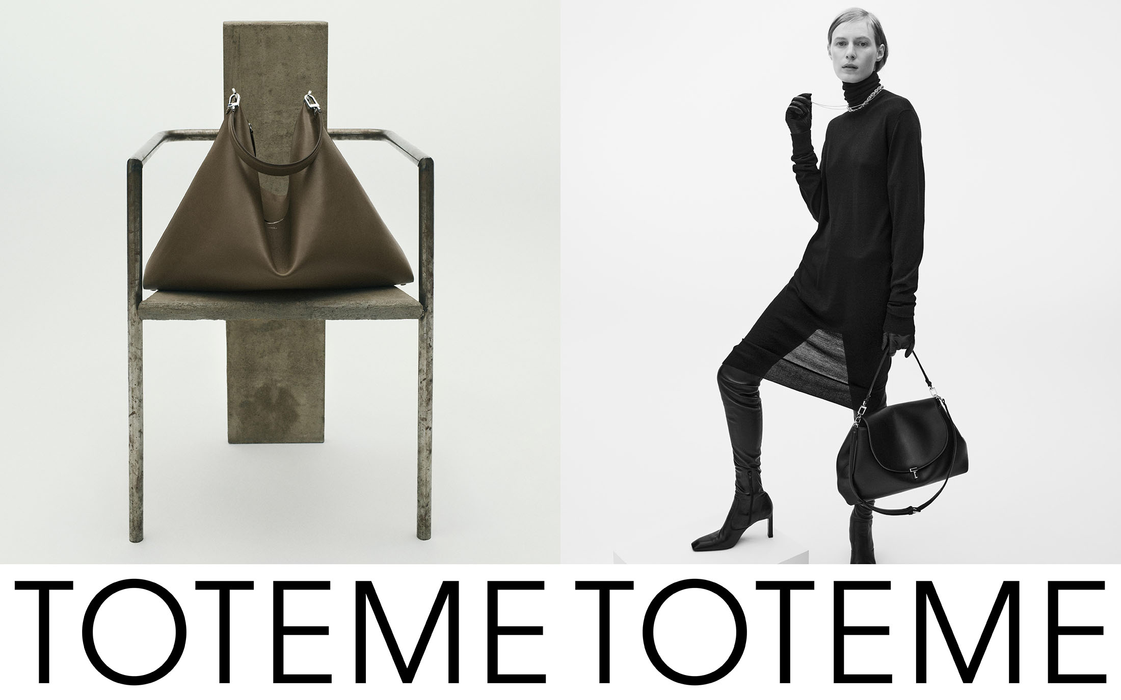 Model in black turtleneck and tall boots standing beside a sculptural metal chair holding a leather handbag against white
