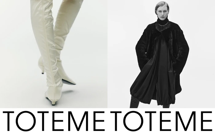Model wearing a black coat and boots alongside a detail shot of white knee-high boots for the Toteme Fall 2025 campaign.