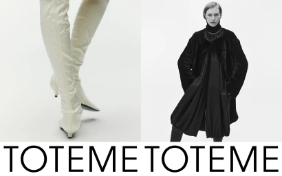 Model wearing a black coat and boots alongside a detail shot of white knee-high boots for the Toteme Fall 2025 campaign.
