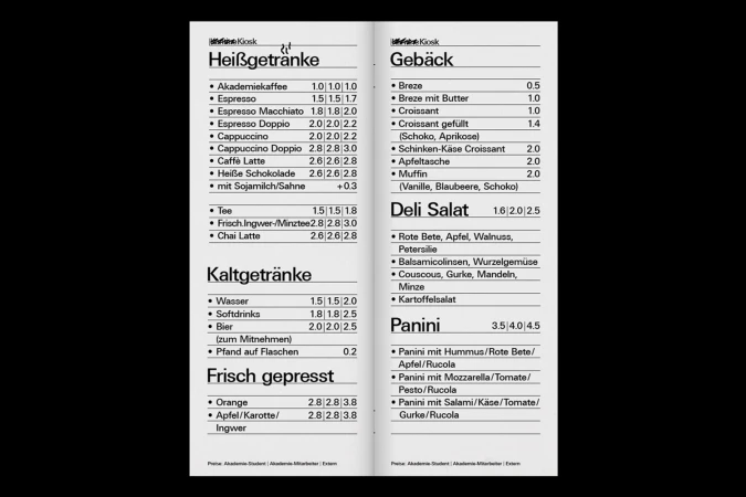 Monochrome menu layout featuring German typography with categories for hot drinks, pastries, salads, and cold beverages