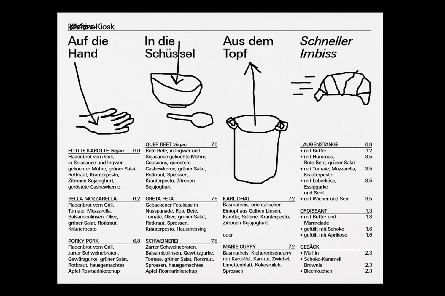 Black and white graphic design menu featuring hand-drawn illustrations of food categories with German text layout