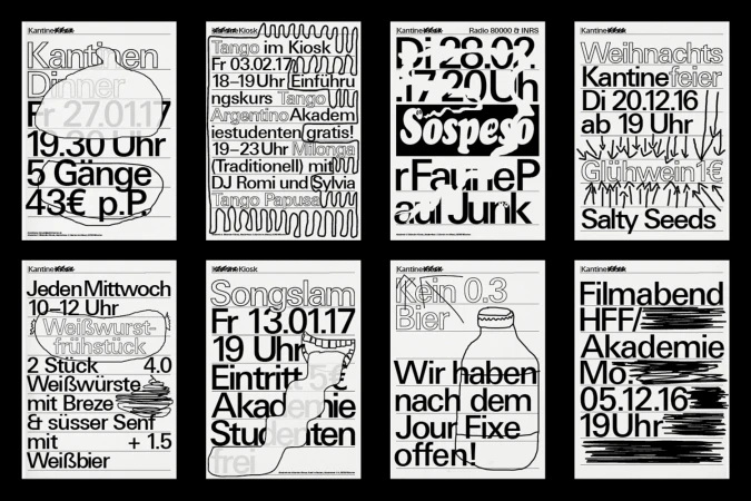 Eight black and white graphic design event posters arranged in a grid with bold typography and hand-drawn doodle overlays.