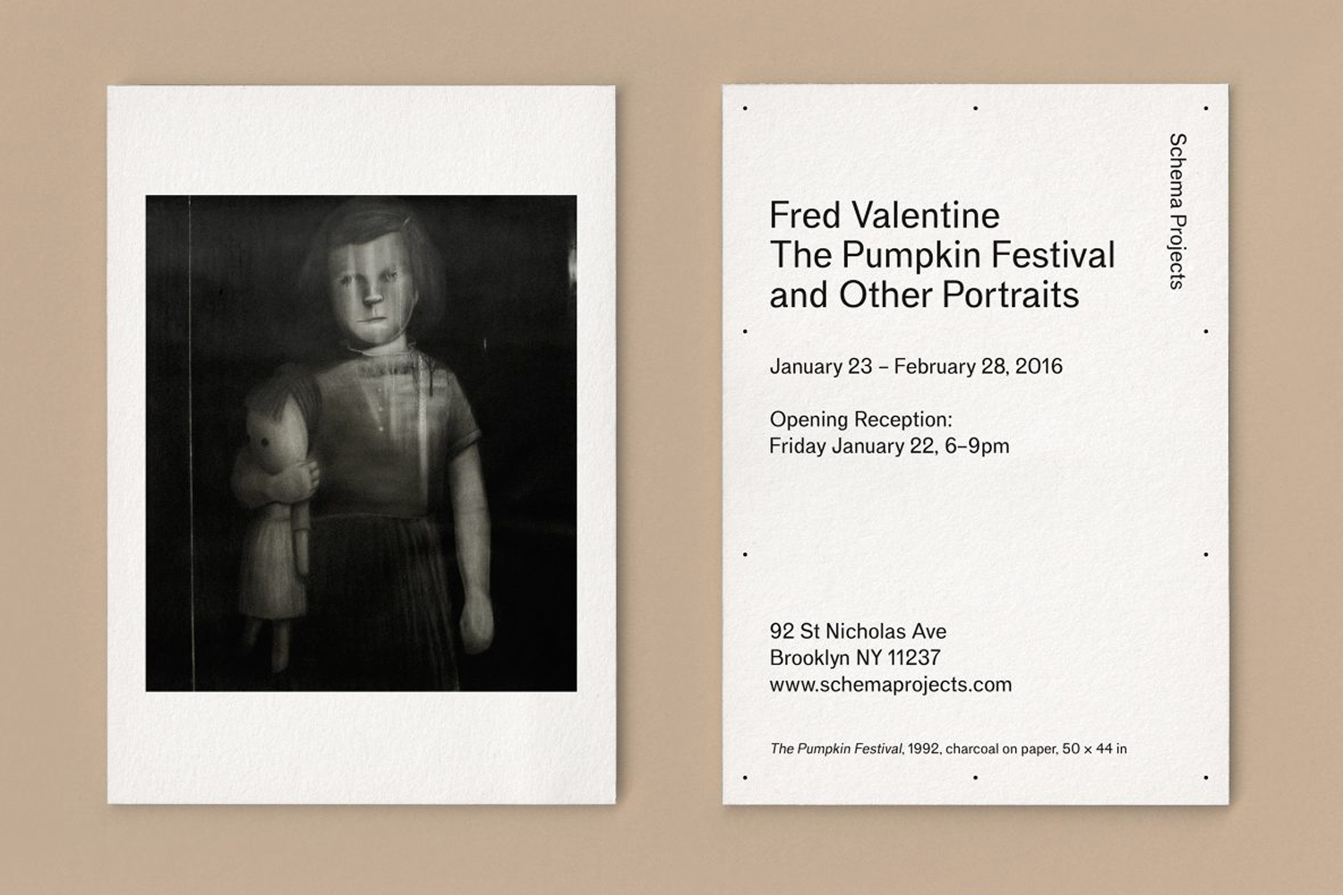 Two adjacent exhibition card mockups on a brown surface displaying a dark portrait and exhibition typography
