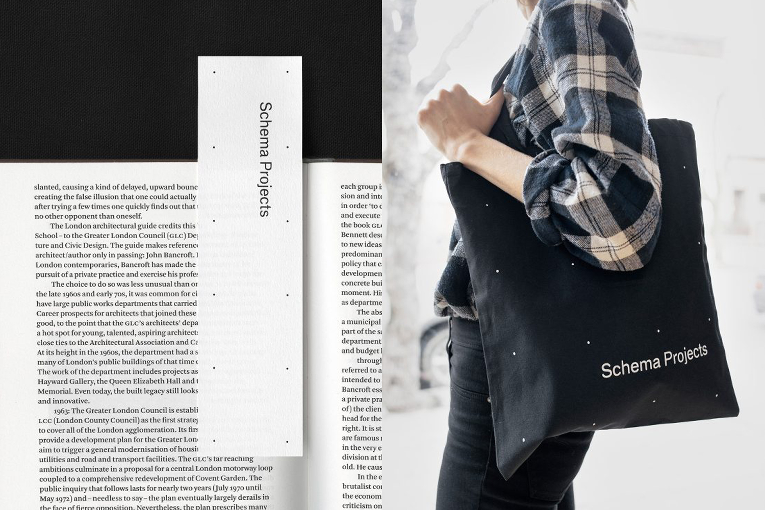 Person wearing a plaid shirt carrying a black tote bag with Schema Projects branding