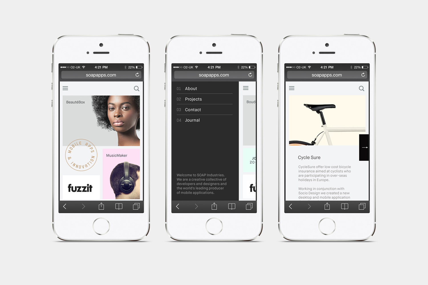 Three white smartphones displaying mobile website layouts and navigation menus against a clean background