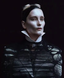 Portrait of a model wearing goggles, white collar, and dark distressed jacket against dark background