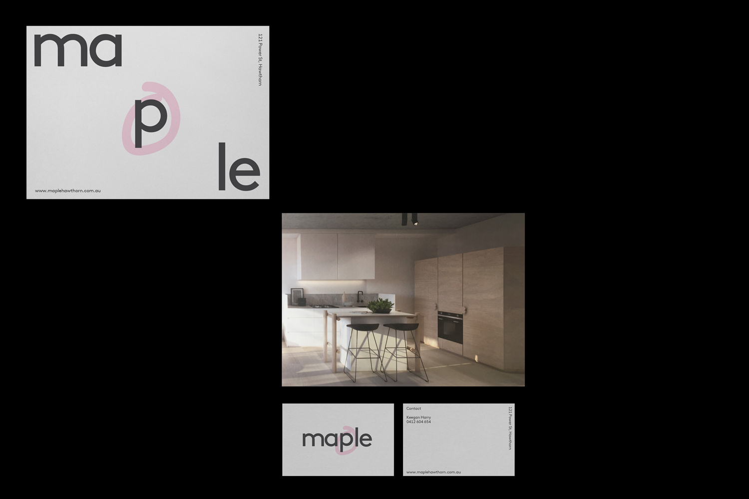 Graphic design brand identity presentation featuring logo typography, business cards, and a modern kitchen interior render