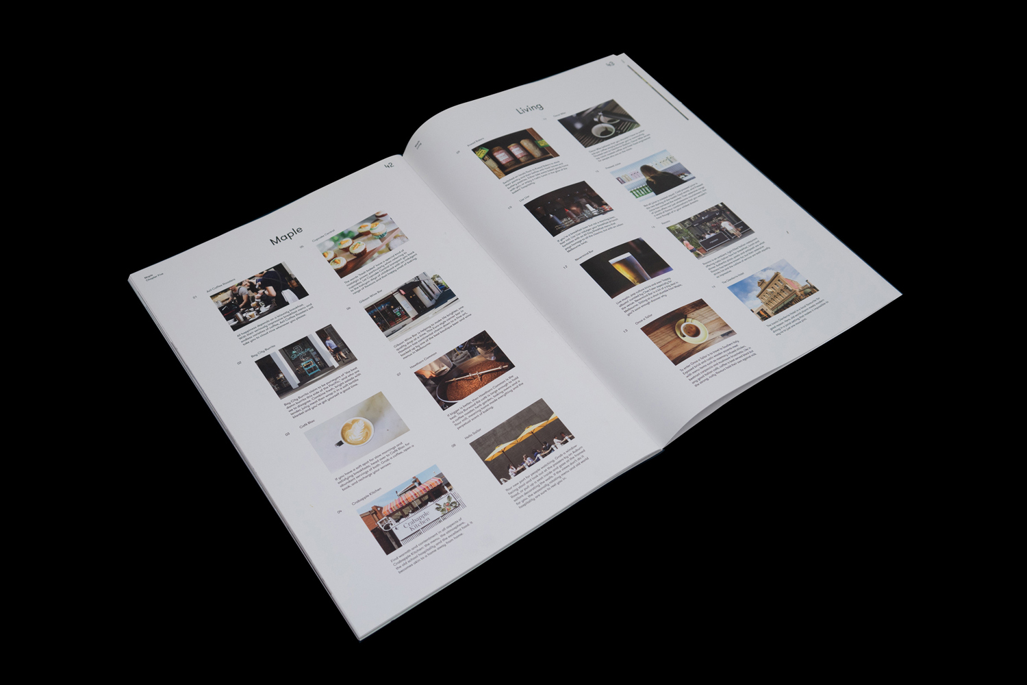 An open magazine spread featuring multiple photographic layouts and text sections against a dark background.
