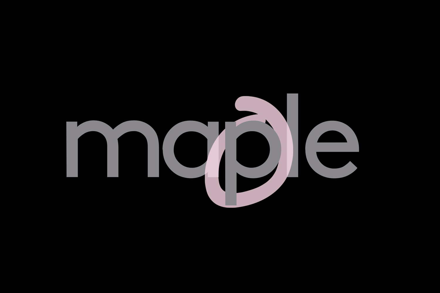 Minimalist graphic logo design with the word maple in grey lowercase letters featuring a pink loop around the letter p on a solid black background