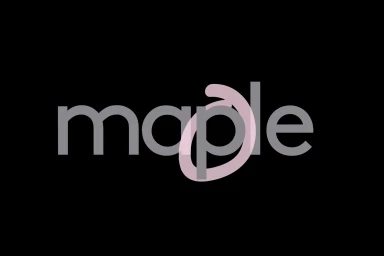 Minimalist graphic logo design with the word maple in grey lowercase letters featuring a pink loop around the letter p on a solid black background