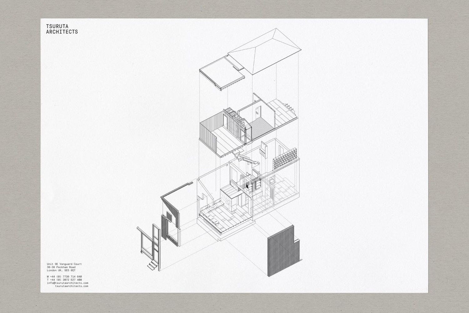 An axonometric architectural drawing showing an exploded multi-story building diagram on textured grey paper.