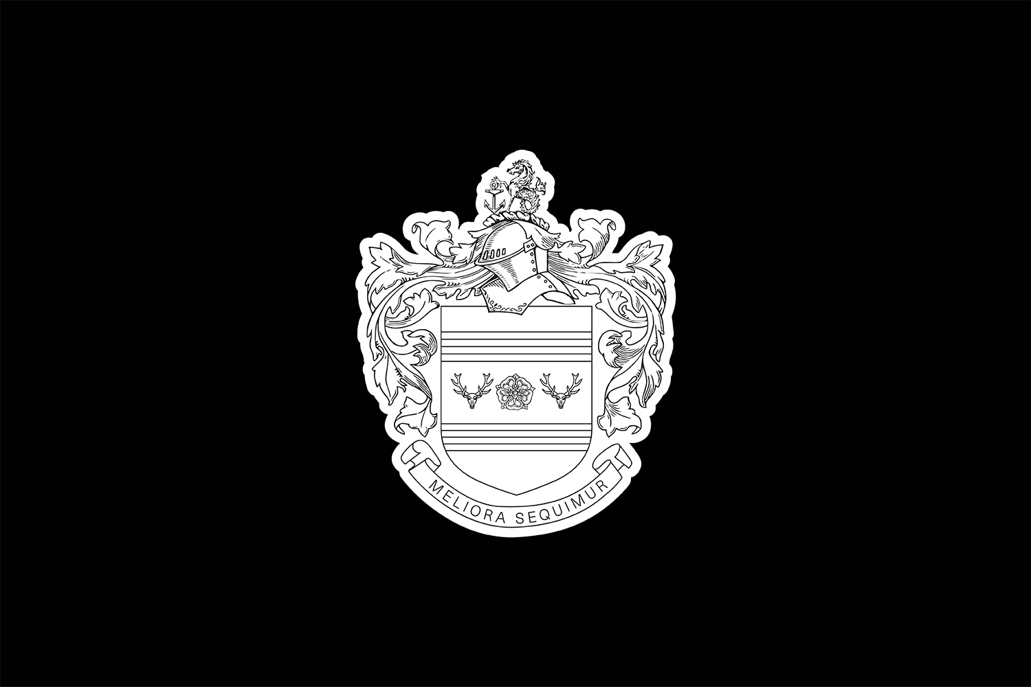 White crest emblem with a helmet, shield, and Latin motto on a solid black background.