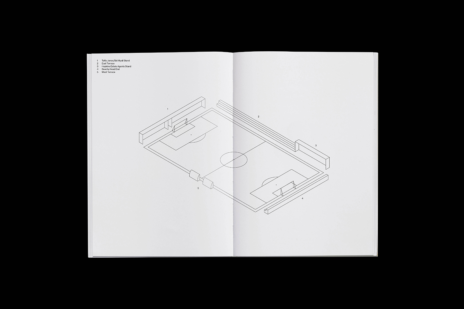 Open book page showing an isometric line drawing of a football stadium layout and pitch design on white paper.
